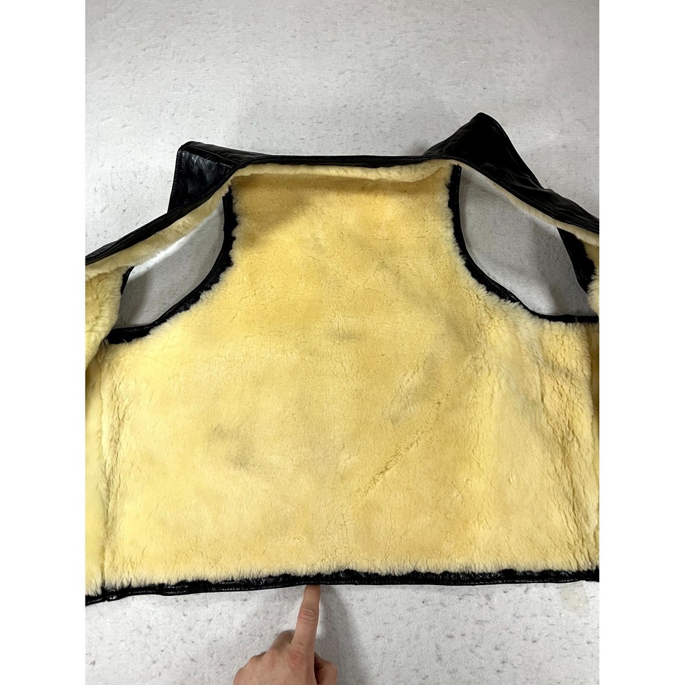 Vintage Y2K Pingguo Sheepskin Shearling Leather Vest Women XL Black Button Front - Picture 7 of 14